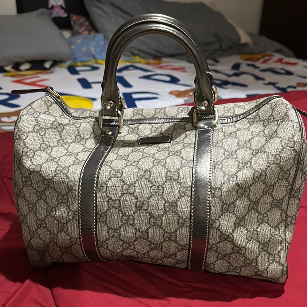 Gucci Gray Travel Bag with Monogram Pattern and Silver Trim